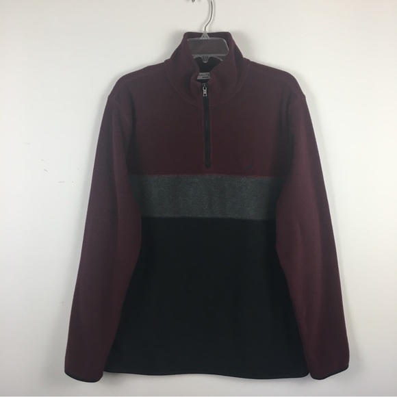 Nautica 1/4 Zip Pullover Jacket Sz Large Slim Fit Fleece Burgundy Color Block - Picture 1 of 10